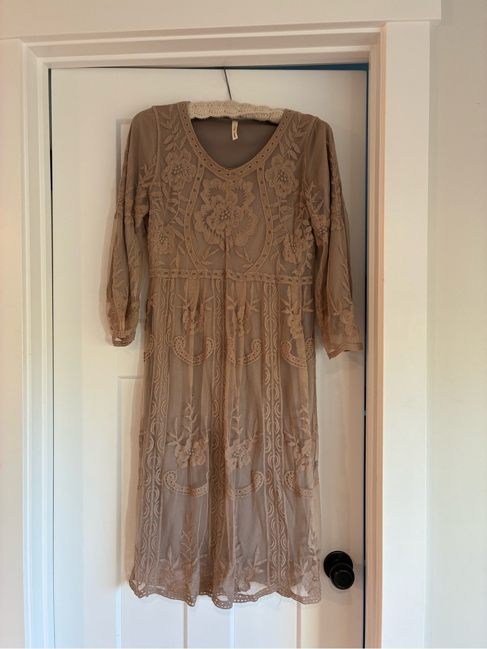 Soft Autumn Brown lace midi dress lined long sleeve by Orange Creek S/M festive
